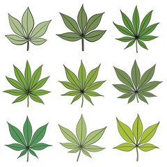 Simplicity cannabis leaf freehand drawing flat design collection.