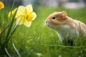 curious hamster exploring a daffodil in the grass