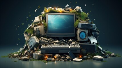 Outdated non-working computer littered with various electronic and household waste. Used equipment requires proper recycling and disposal to maintain ecological balance. Earth Day, ecology concept.