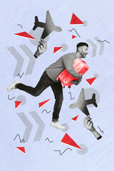 Vertical collage picture of excited black white guy run suitcase big arms hold planes isolated on painted blue background