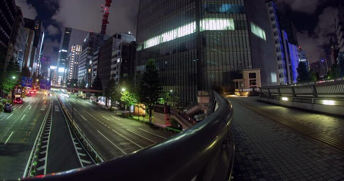 4k High Bridge Japan City Night Street Traffic Time-lapse Pan