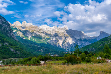 Fototapeta na wymiar Views from the Catholic Church in the valley of Theth National Park, Albania. albanian alps