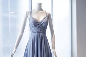 Elegant blue dress on mannequin showcasing modern fashion trends in boutique setting, generative ai.