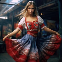 Slavic girl dancing national dance in Slavic clothes - obrazy, fototapety, plakaty