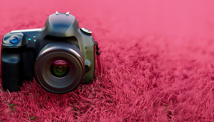 camera on reddish pink color grass back ground picsart editing ai generative