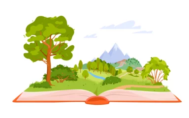 Summer fantasy story in magic book vector illustration. Cartoon isolated open storybook with green summer nature landscape on pages, literature about dream adventure and travel in fairytale forest