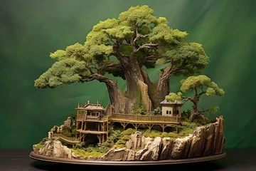 Fotobehang bonsai tree with a miniature landscape © altitudevisual
