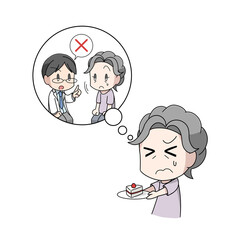 医者に言われおやつを我慢する高齢女性のイラスト