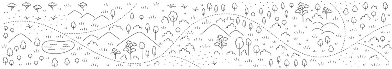 Path through the forest map sketch. Editable outline. Vector line.