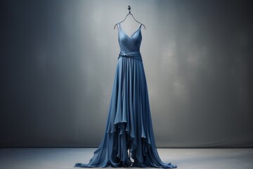 Elegant blue dress on mannequin showcasing modern fashion trends in boutique setting.