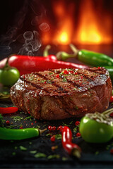 A Lamb steak with vegetables and meat on a grill