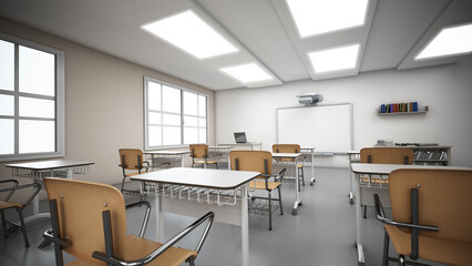 Rows of student desks inside the classroom. 3D illustration
