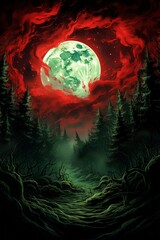 Obraz premium halloween background landscape with moon with red green hues and creepy trees