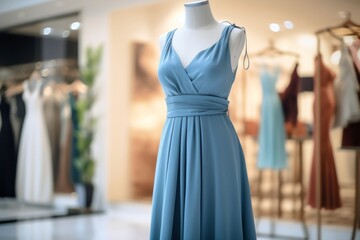 Naklejka premium Elegant blue dress on mannequin showcasing modern fashion trends in boutique setting, generative ai.