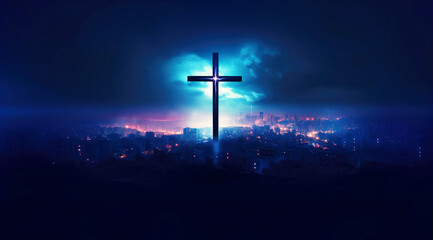 Cross in the dark with city at the background. 