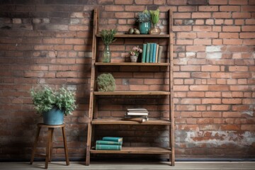 rustic ladder bookshelf against a brick wall