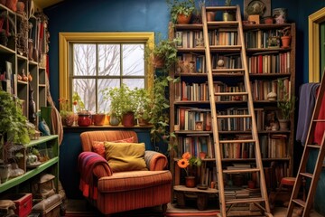 colorful books on ladder shelves in cozy corner - Powered by Adobe