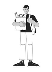 Indian man with purchases flat line black white vector character. Male holding backpack. Shopping. Editable outline full body person. Simple cartoon isolated spot illustration for web graphic design