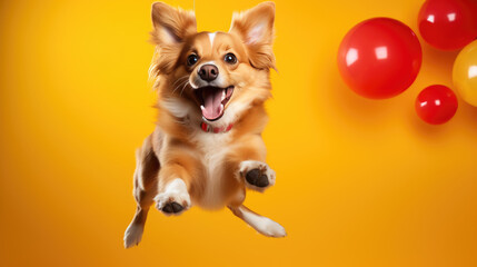 Happy smiling dog isolated on colored background.
