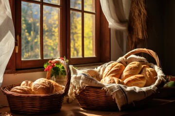 artisanal bread loaves in a woven basket by the window