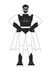 Superhero in mask flat line black white vector character. Empowered man in suit. Protecting world. Editable outline full body person. Simple cartoon isolated spot illustration for web graphic design