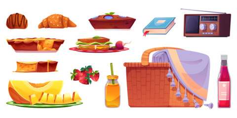Wicker basket with blanket and food and drinks for picnic in park. Cartoon ready-to-eat food and accessories for outdoor lunch - sandwich and pie, melon and strawberry, bottle juice, book and radio. - obrazy, fototapety, plakaty