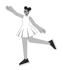 Dancing african american girl flat line black white vector character. Lady throwing up hands. Editable outline full body person. Simple cartoon isolated spot illustration for web graphic design
