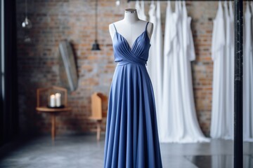 Fototapeta na wymiar Elegant blue dress on mannequin showcasing modern fashion trends in boutique setting, generative ai.