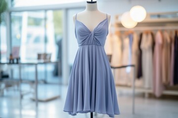 Obraz premium Elegant blue dress on mannequin showcasing modern fashion trends in boutique setting, generative ai.