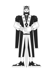 Young king with sword flat line black white vector character. Monarch in golden crown. Powerful man. Editable outline full body person. Simple cartoon isolated spot illustration for web graphic design