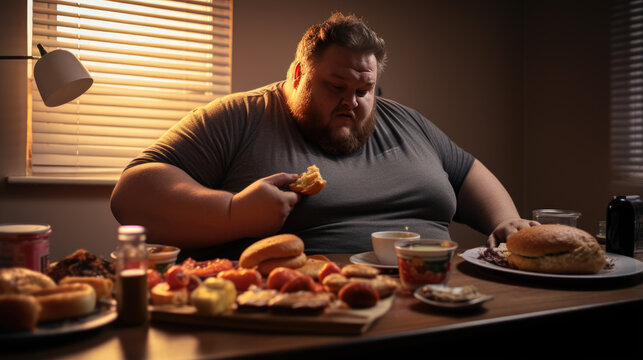 Obese man sits in front of a pile of food - Powered by Adobe