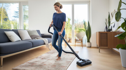 Woman housewife cleans her house with a vacuum cleaner