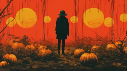 Foto op Canvas Generative AI, Halloween landscape background. Risograph glitch poster, chaosfunk surreal collage  © DELstudio