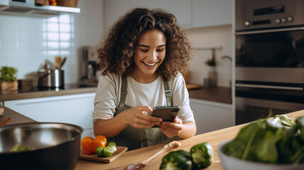 Young girl in the kitchen looking at her phone checking a recipe for cooking - obrazy, fototapety, plakaty