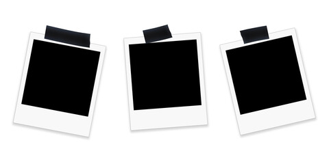 Set of photo frames mockup hanging by black adhesive tapes with shadows. Photo polaroid template, White border on a transparent background