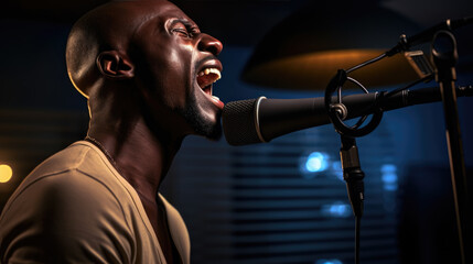 Young man singing against a dark background with dimmed lights