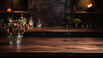 Naklejka na ściany i meble Dark bar restaurant wooden table empty product placement montage free space with flowers vase bouquet.