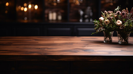 Dark bar restaurant wooden table empty product placement montage free space with flowers vase bouquet.