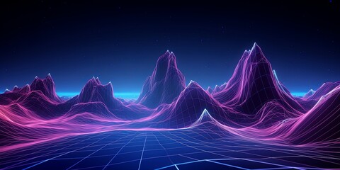 3d rendering, abstract virtual reality violet background, cyber space landscape with unreal mountains. Neon wireframe terrain, Generative AI - obrazy, fototapety, plakaty