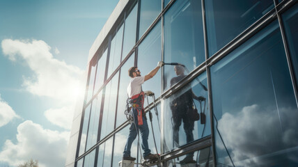 Worker washing windows in the office building