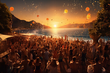 Party people dancing and enjoying on resort beach pool sunny disco, trendy fashionable, with drinks, celebrating holiday. 