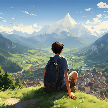 A Boy Sitting Atop a Hill Overlooking a Village