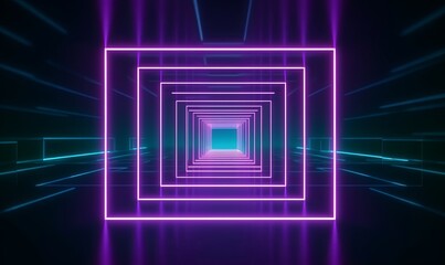 looped 3d animation, neon tunnel with rotating square frames. Abstract cycled background, Generative AI