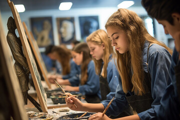 girl student learns to paint pictures at art college