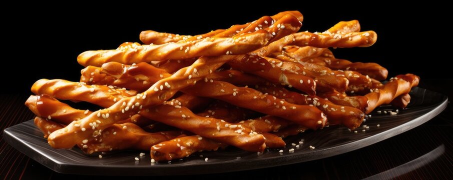 Crispy pretzel sticks on the dark background. Generative AI.