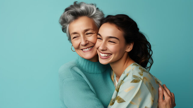Happy mother and daughter smiling and hugging against the blue background.
