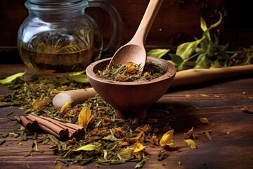 steeping tea leaves with a wooden scoop nearby