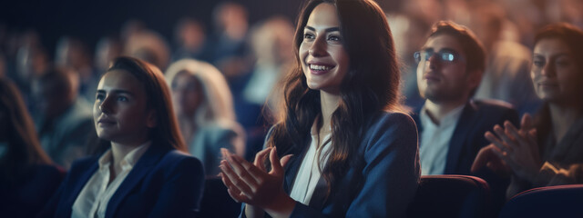 Young Female Sitting in a Crowded Audience at a Conference and Applauding After Speech. - obrazy, fototapety, plakaty