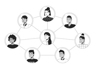 Social network bw concept vector spot illustration. People communicate. Community 2D cartoon flat line monochromatic characters on white for web UI design. Editable isolated outline hero image