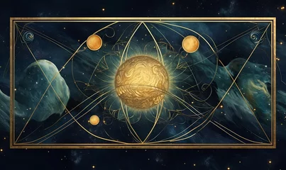 Poster abstract cosmic background with gold metallic foil and marbled textures inlay. Sacred geometry with celestial motif, stars and planets. Galaxy, Generative AI © Media Masterpieces